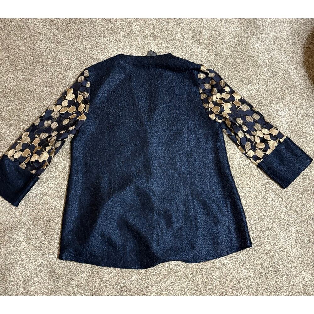 Chico’s Travelers Jacket Cardigan Women’s Sz 1 / L Navy Gold Embroidered Sheer - Picture 9 of 11